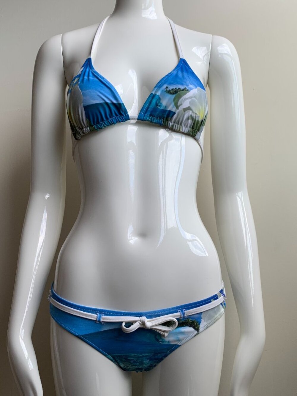 Aaron Chang blue white reversible plumeria belted bikini